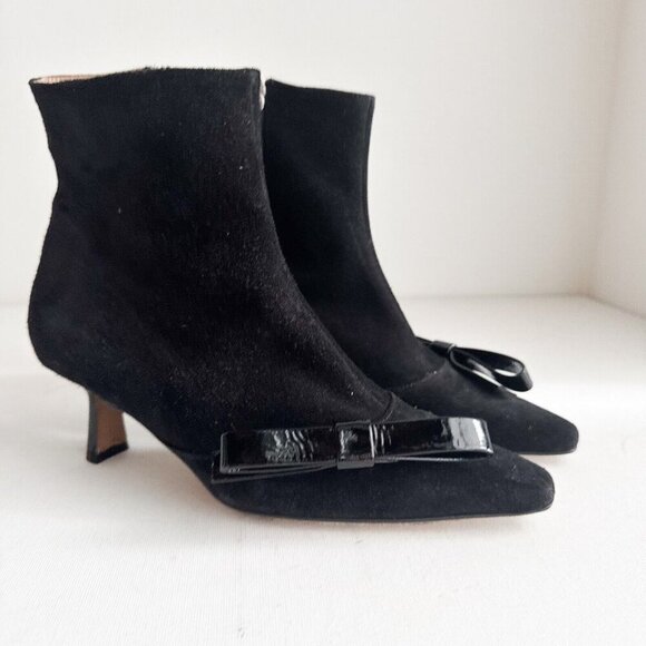 Ana Palma Black Suede Patent Leather Bow Kitten Heel Booties 38
